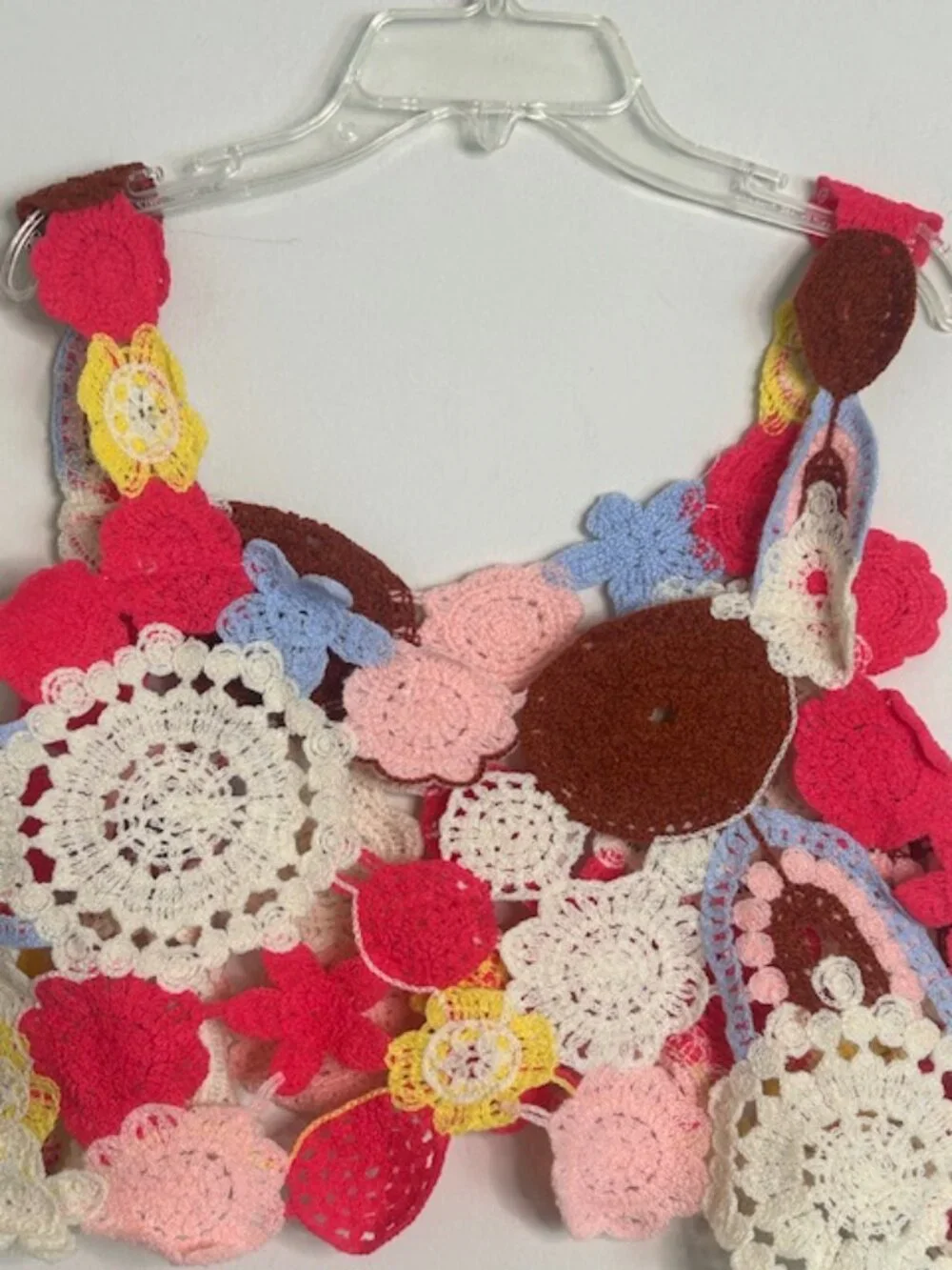 POL Ivory Pink Hand Made Crochet Motif Weaved Heart Neck Cropped Knit Top NEW - Picture 14 of 16